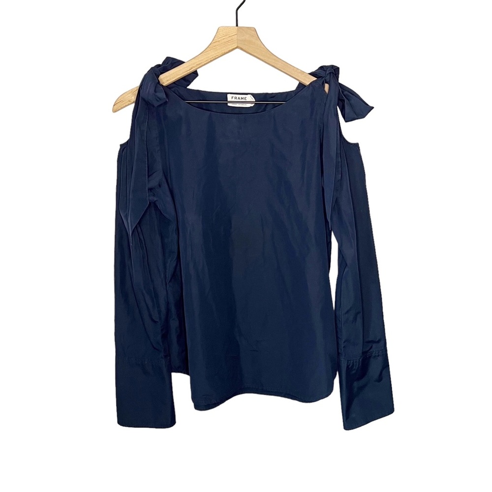 FRAME Tie Shoulder Long Sleeve Cotton Blouse Top in Blue S